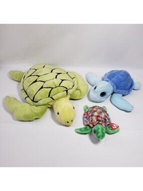 Lot of 3 Turtle Plush Stuffed Animal IKEA Blavingad Ty Beanie Zoom Blue Magic